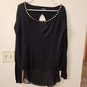 EXPRESS Black silk Top Over Sheer Tank Size L Gold Accents at Neckline